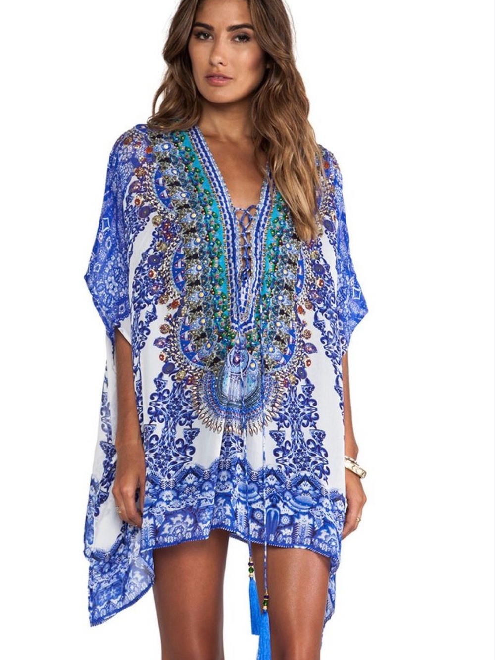 CAMILLA Short Silk Kaftan Nierika Blue O/S Swarovski Crystals Coverup REVOLVE